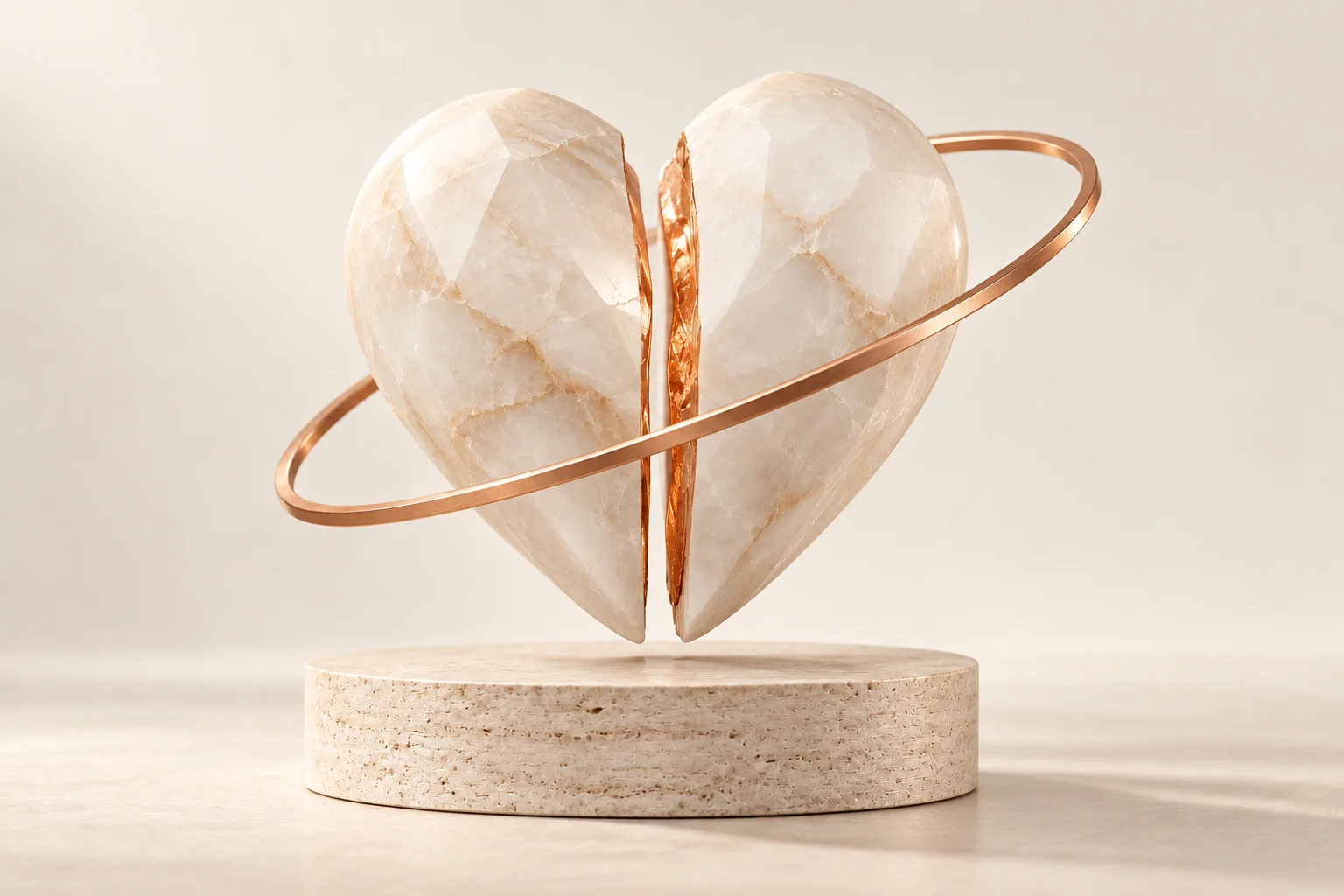 A sculptural split heart with a copper seam and orbital ring, created for Cheater Finder